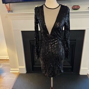 The Clothing Company Black Sequin Illusion Plunge Dress – Size S